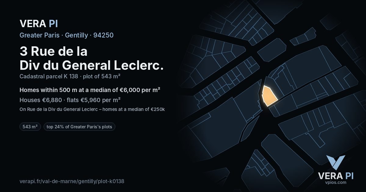 3 Rue de la Div du General Leclerc, Gentilly at night – the plot lit, the parcels around coloured by the prices near them