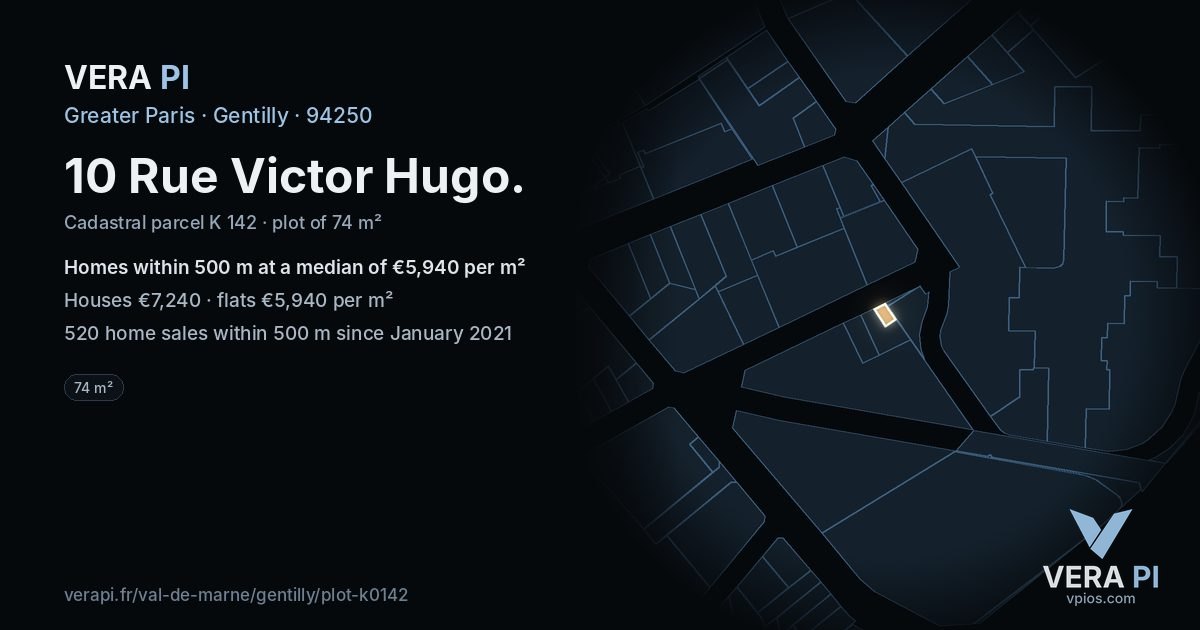 10 Rue Victor Hugo, Gentilly at night – the plot lit, the parcels around coloured by the prices near them