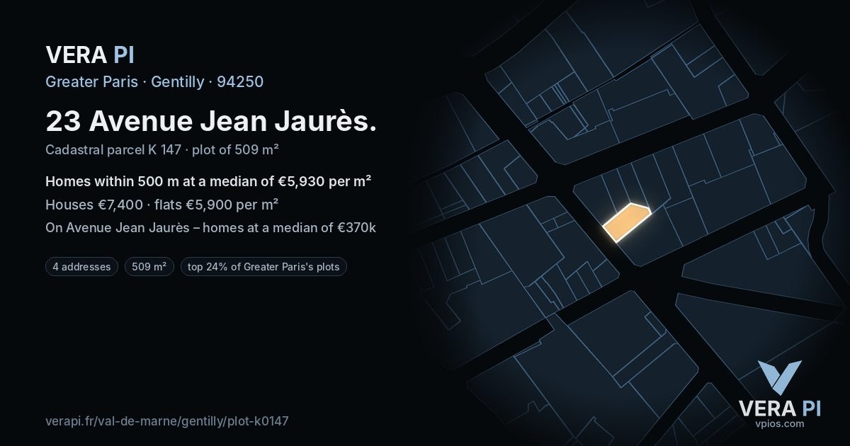 23 Avenue Jean Jaurès, Gentilly at night – the plot lit, the parcels around coloured by the prices near them