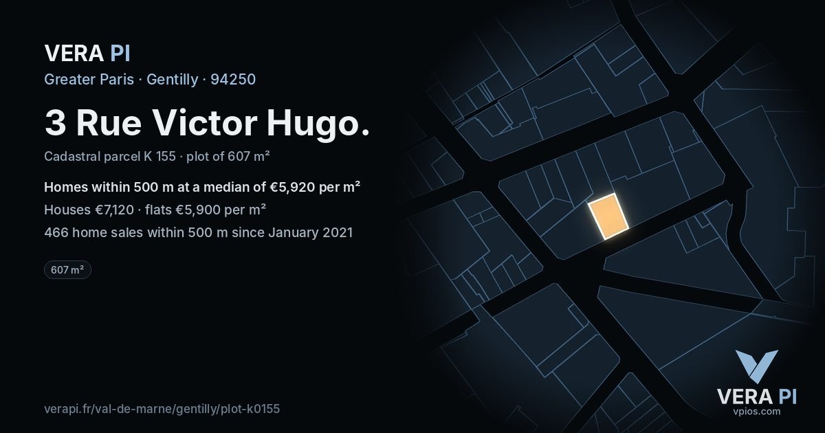 3 Rue Victor Hugo, Gentilly at night – the plot lit, the parcels around coloured by the prices near them