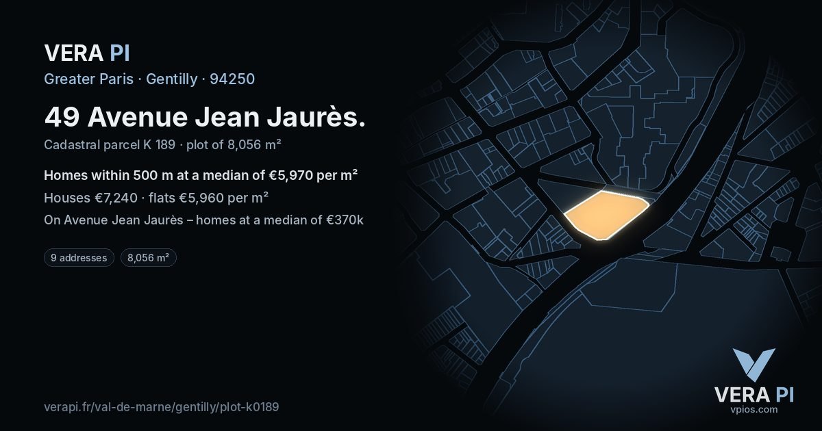 49 Avenue Jean Jaurès, Gentilly at night – the plot lit, the parcels around coloured by the prices near them
