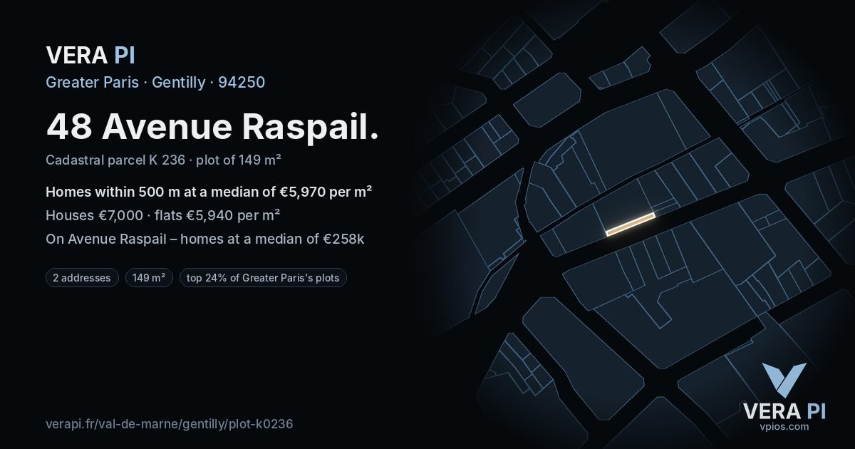 48 Avenue Raspail, Gentilly at night – the plot lit, the parcels around coloured by the prices near them