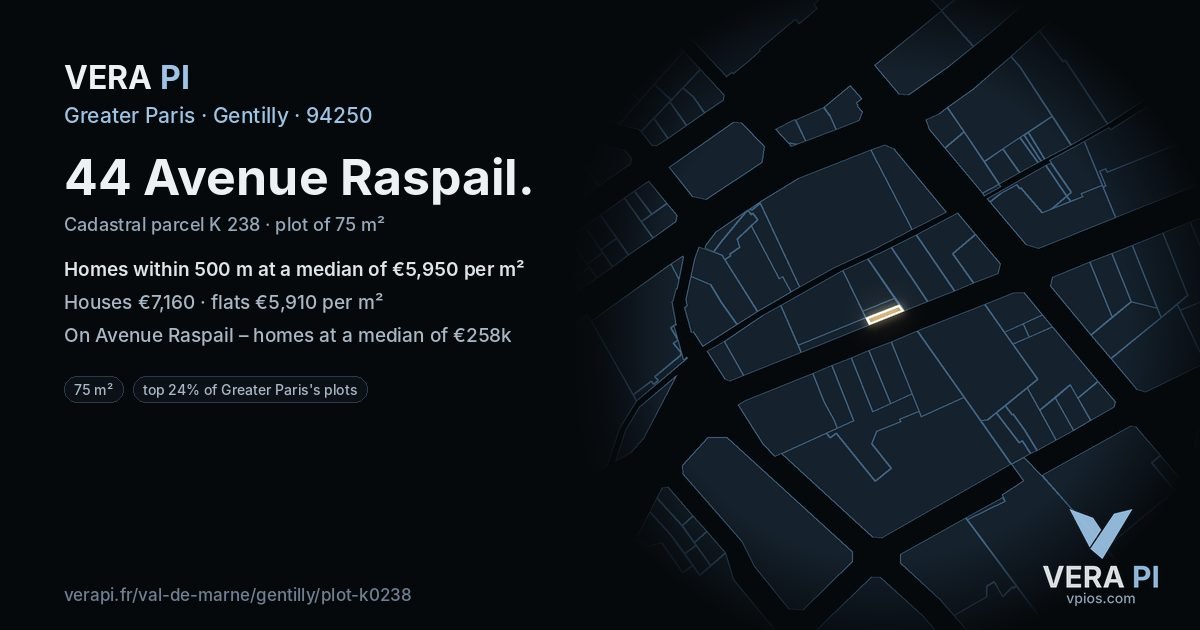 44 Avenue Raspail, Gentilly at night – the plot lit, the parcels around coloured by the prices near them