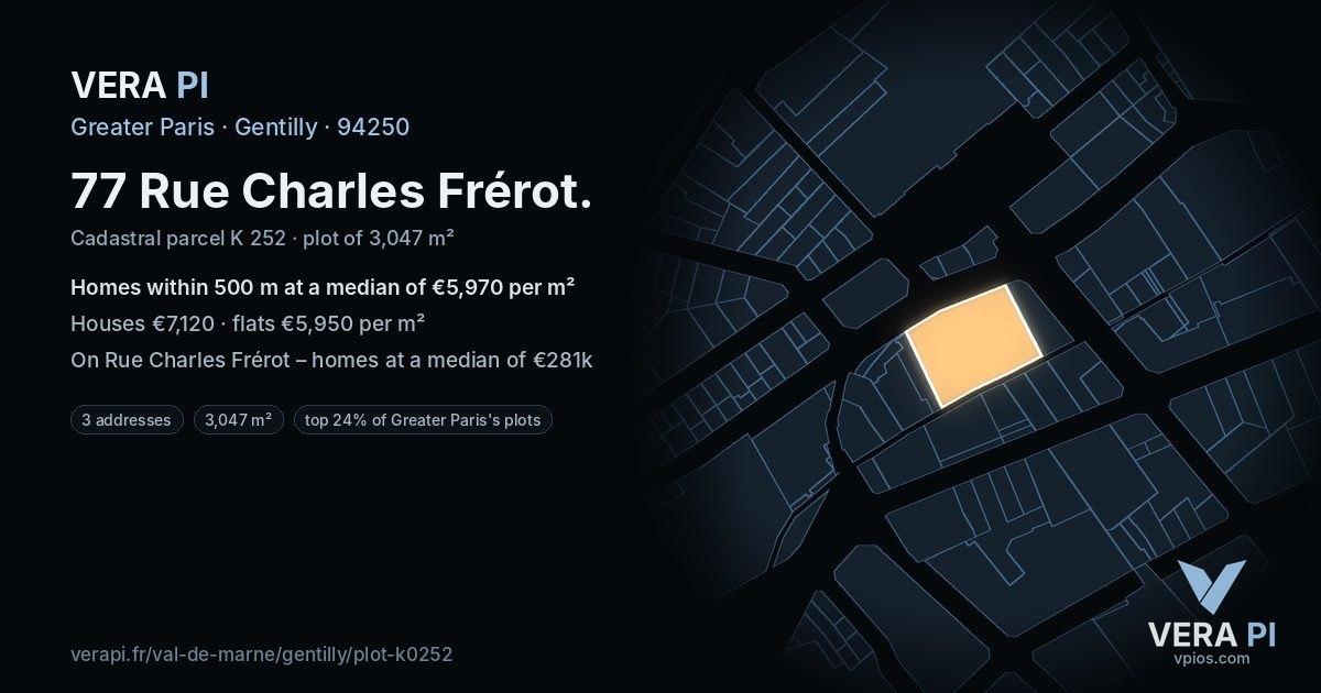 77 Rue Charles Frérot, Gentilly at night – the plot lit, the parcels around coloured by the prices near them