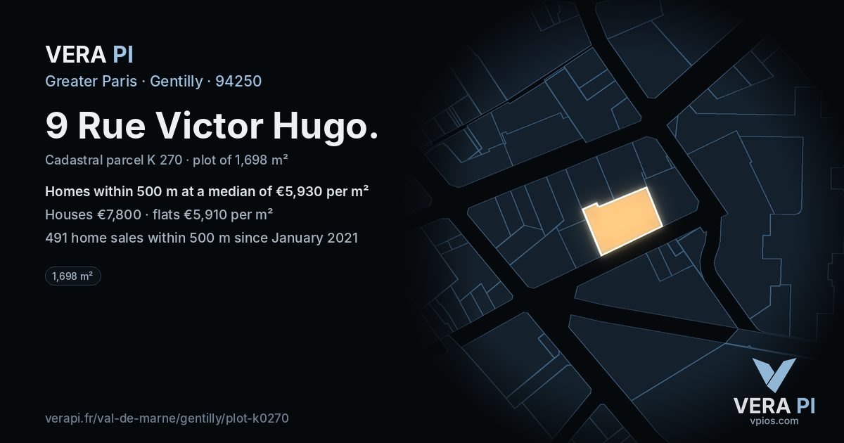 9 Rue Victor Hugo, Gentilly at night – the plot lit, the parcels around coloured by the prices near them
