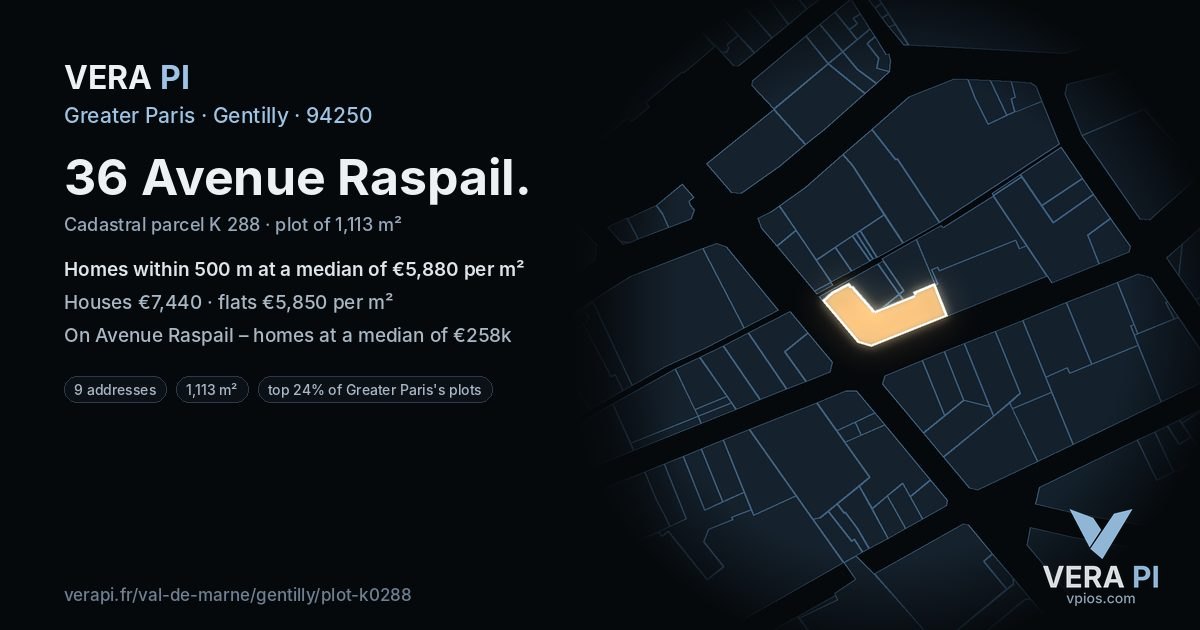 36 Avenue Raspail, Gentilly at night – the plot lit, the parcels around coloured by the prices near them