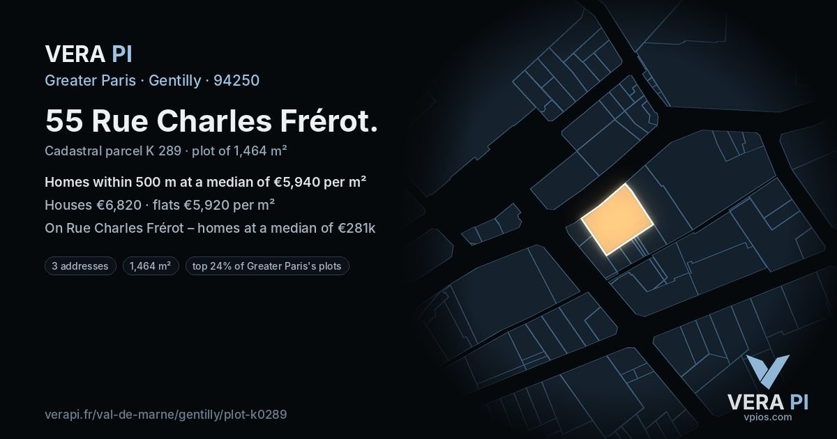 55 Rue Charles Frérot, Gentilly at night – the plot lit, the parcels around coloured by the prices near them