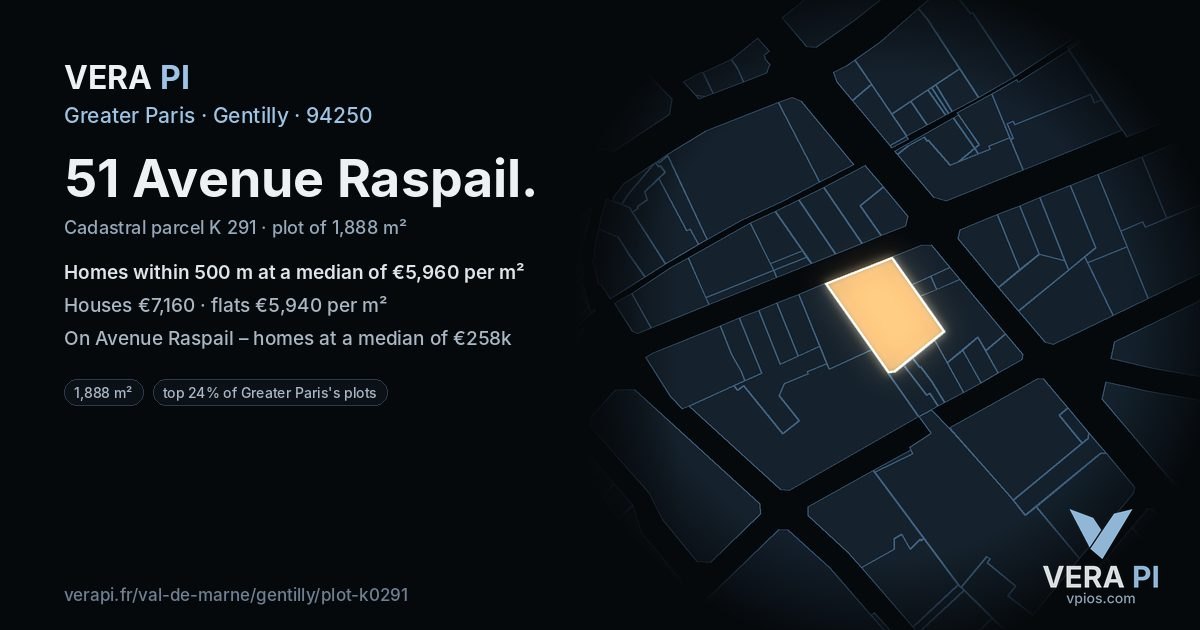 51 Avenue Raspail, Gentilly at night – the plot lit, the parcels around coloured by the prices near them