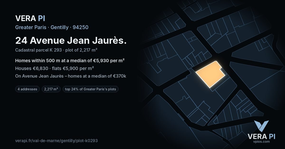 24 Avenue Jean Jaurès, Gentilly at night – the plot lit, the parcels around coloured by the prices near them