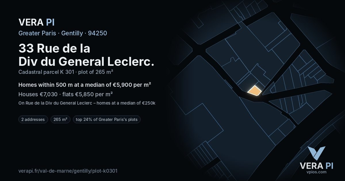 33 Rue de la Div du General Leclerc, Gentilly at night – the plot lit, the parcels around coloured by the prices near them