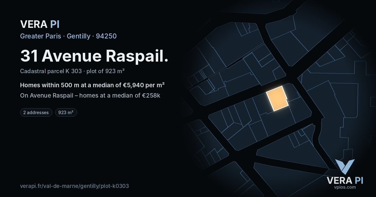 31 Avenue Raspail, Gentilly at night – the plot lit, the parcels around coloured by the prices near them