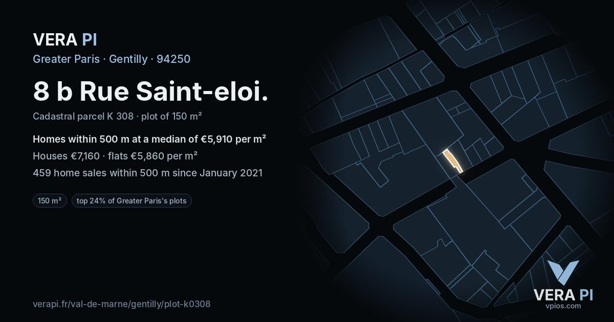 8 b Rue Saint-eloi, Gentilly at night – the plot lit, the parcels around coloured by the prices near them