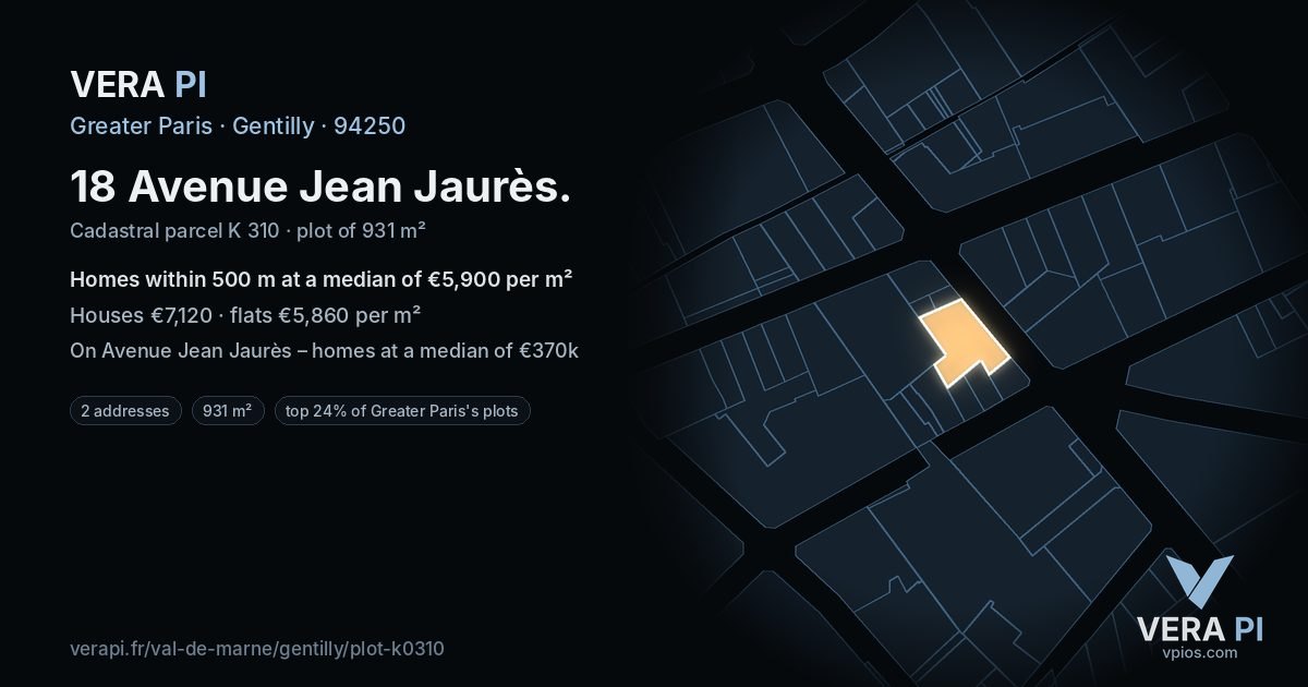 18 Avenue Jean Jaurès, Gentilly at night – the plot lit, the parcels around coloured by the prices near them