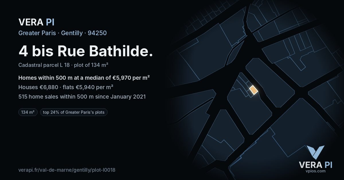 4 bis Rue Bathilde, Gentilly at night – the plot lit, the parcels around coloured by the prices near them
