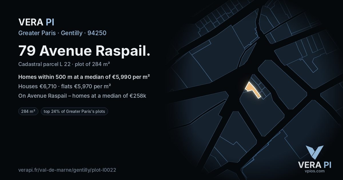 79 Avenue Raspail, Gentilly at night – the plot lit, the parcels around coloured by the prices near them