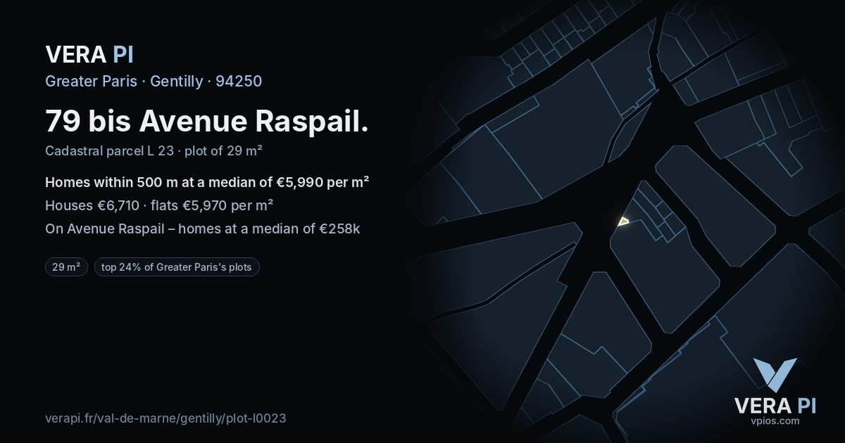 79 bis Avenue Raspail, Gentilly at night – the plot lit, the parcels around coloured by the prices near them
