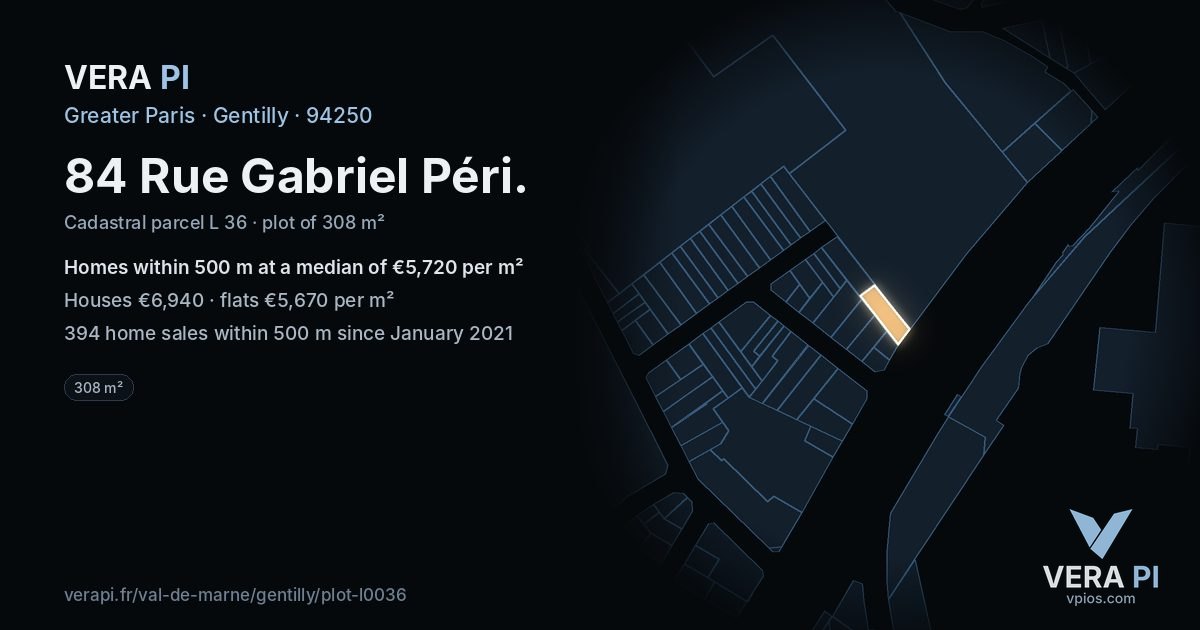 84 Rue Gabriel Péri, Gentilly at night – the plot lit, the parcels around coloured by the prices near them