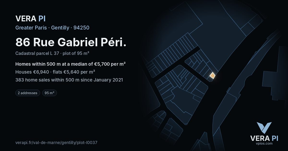 86 Rue Gabriel Péri, Gentilly at night – the plot lit, the parcels around coloured by the prices near them