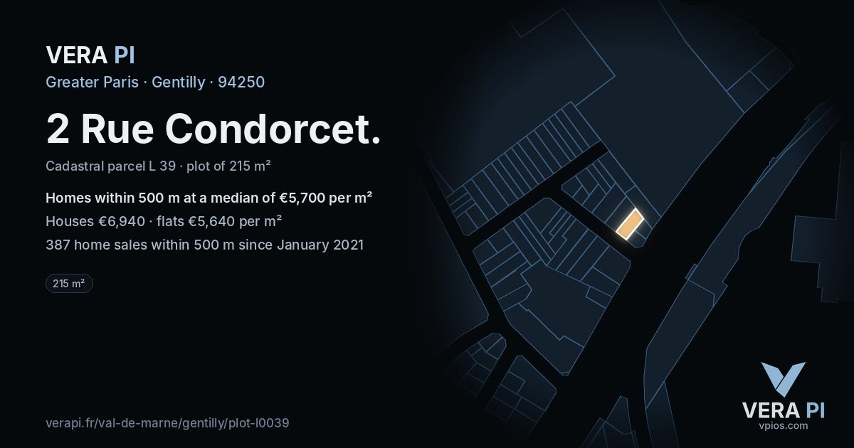 2 Rue Condorcet, Gentilly at night – the plot lit, the parcels around coloured by the prices near them