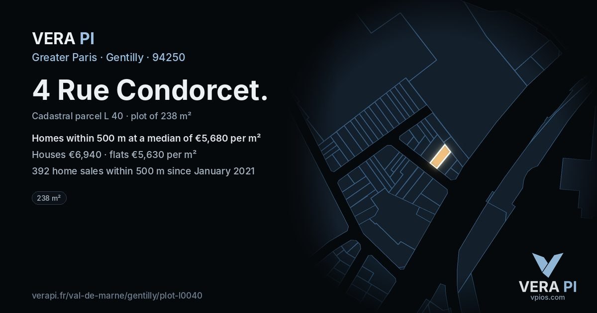 4 Rue Condorcet, Gentilly at night – the plot lit, the parcels around coloured by the prices near them