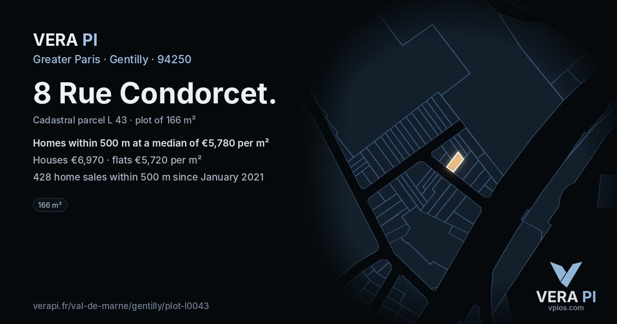 8 Rue Condorcet, Gentilly at night – the plot lit, the parcels around coloured by the prices near them