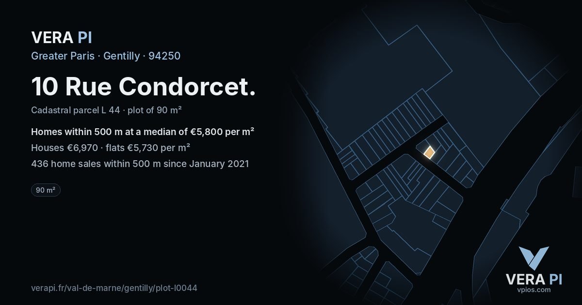 10 Rue Condorcet, Gentilly at night – the plot lit, the parcels around coloured by the prices near them