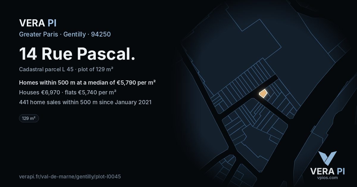 14 Rue Pascal, Gentilly at night – the plot lit, the parcels around coloured by the prices near them