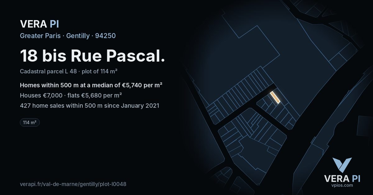 18 bis Rue Pascal, Gentilly at night – the plot lit, the parcels around coloured by the prices near them
