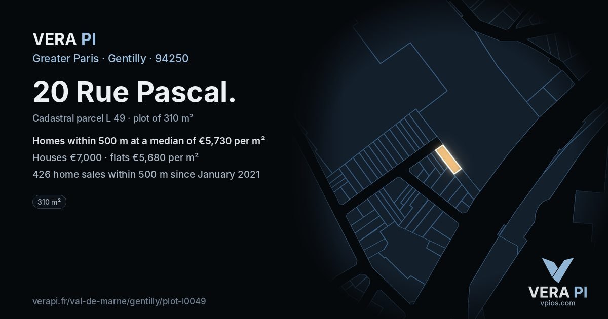 20 Rue Pascal, Gentilly at night – the plot lit, the parcels around coloured by the prices near them