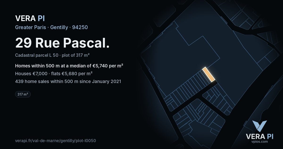 29 Rue Pascal, Gentilly at night – the plot lit, the parcels around coloured by the prices near them