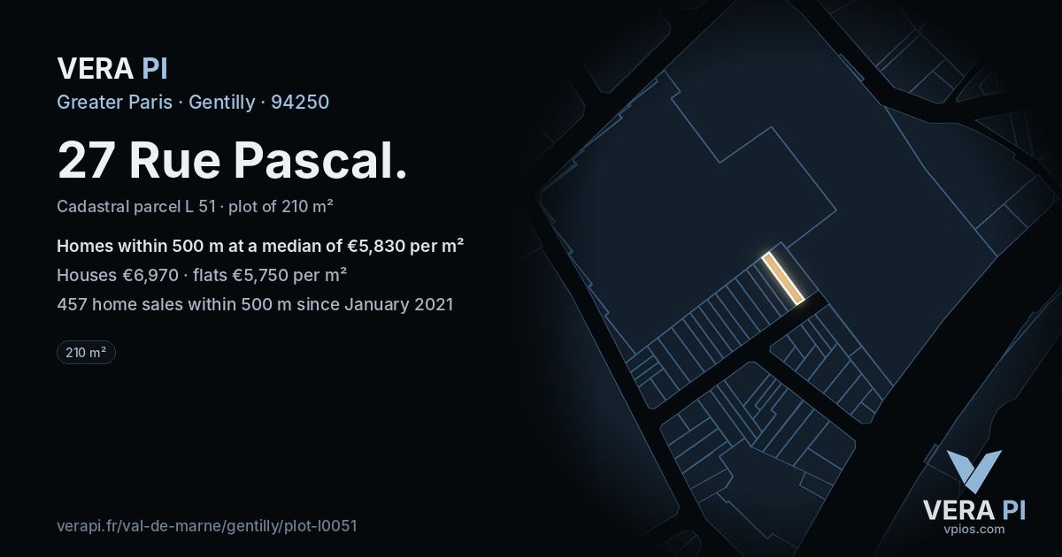 27 Rue Pascal, Gentilly at night – the plot lit, the parcels around coloured by the prices near them