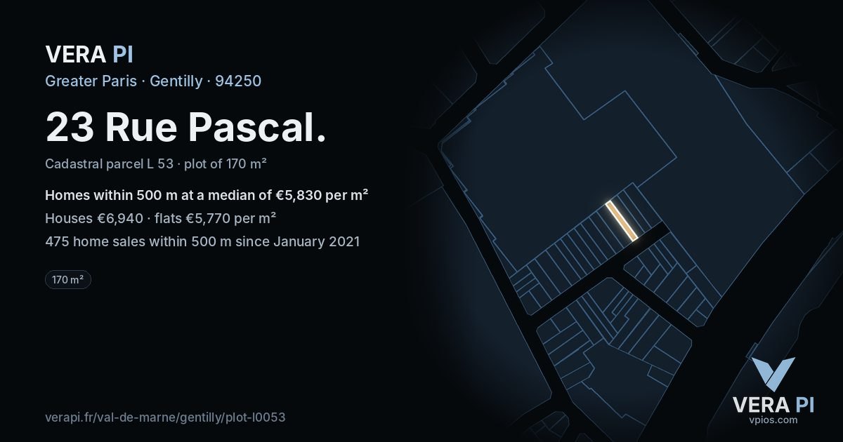 23 Rue Pascal, Gentilly at night – the plot lit, the parcels around coloured by the prices near them