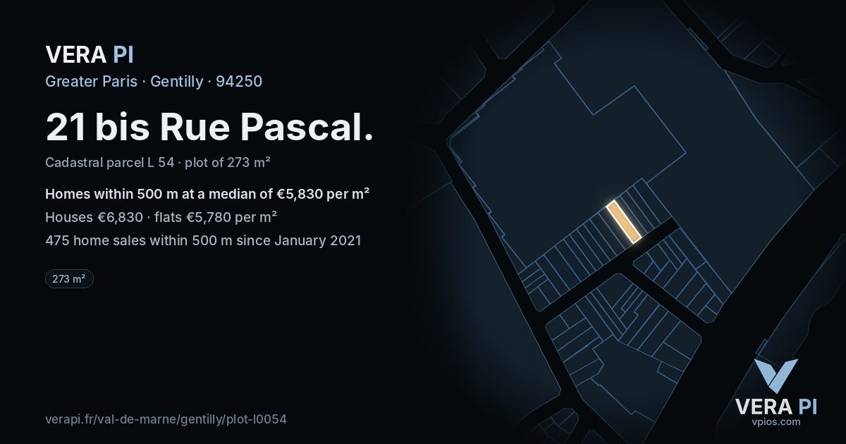 21 bis Rue Pascal, Gentilly at night – the plot lit, the parcels around coloured by the prices near them