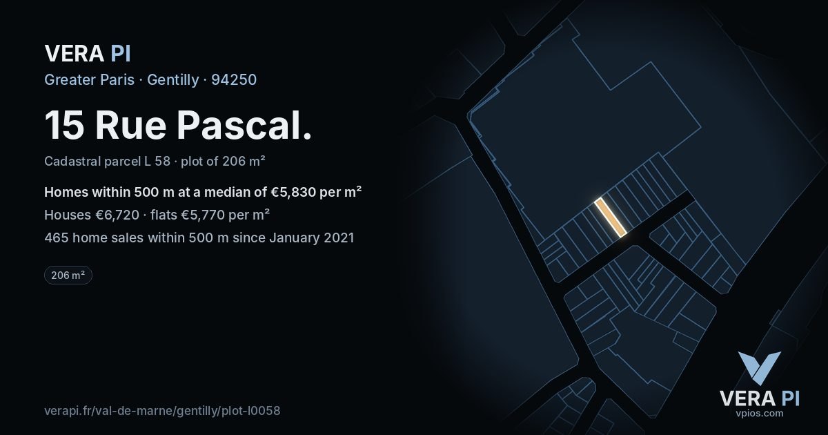 15 Rue Pascal, Gentilly at night – the plot lit, the parcels around coloured by the prices near them