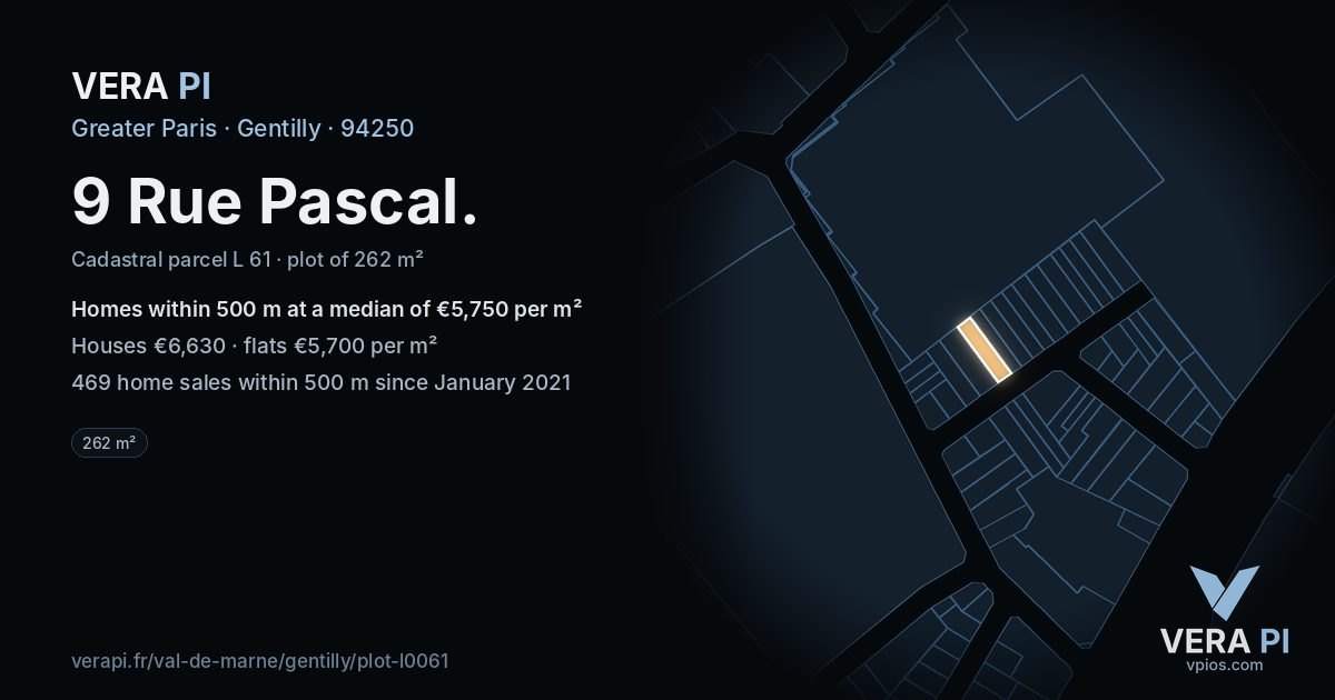 9 Rue Pascal, Gentilly at night – the plot lit, the parcels around coloured by the prices near them