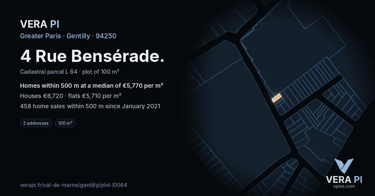 4 Rue Bensérade, Gentilly at night – the plot lit, the parcels around coloured by the prices near them