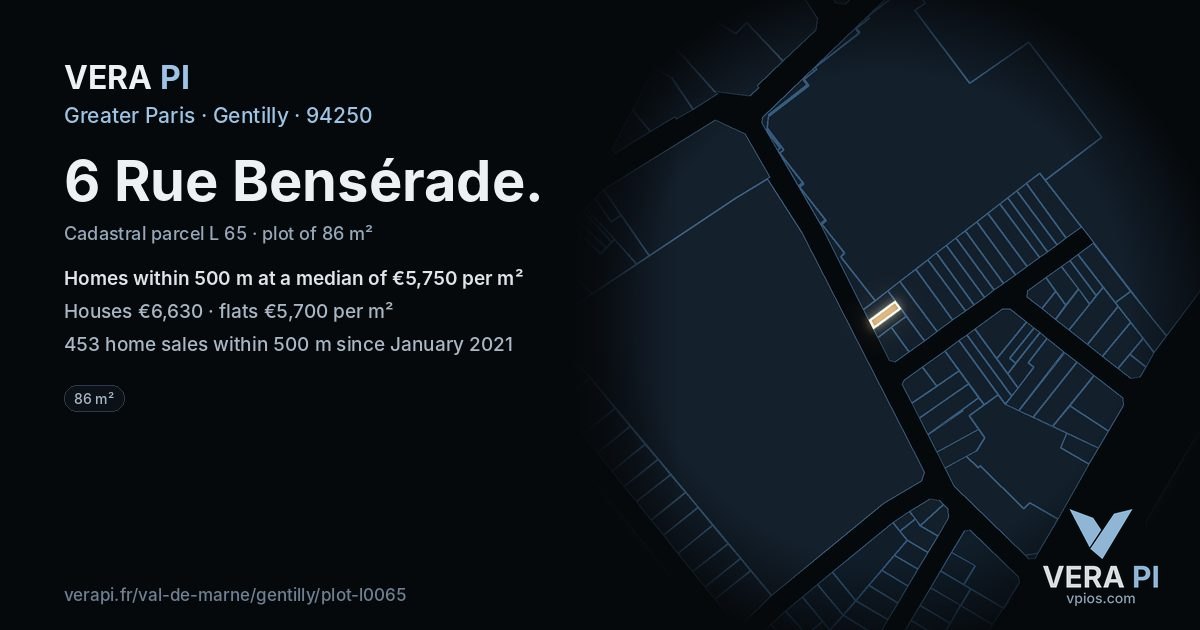 6 Rue Bensérade, Gentilly at night – the plot lit, the parcels around coloured by the prices near them