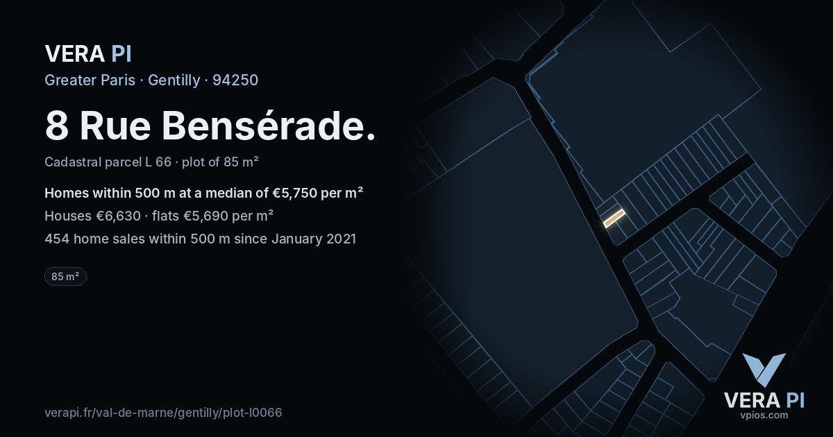 8 Rue Bensérade, Gentilly at night – the plot lit, the parcels around coloured by the prices near them