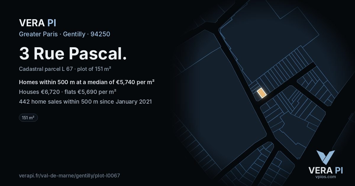 3 Rue Pascal, Gentilly at night – the plot lit, the parcels around coloured by the prices near them