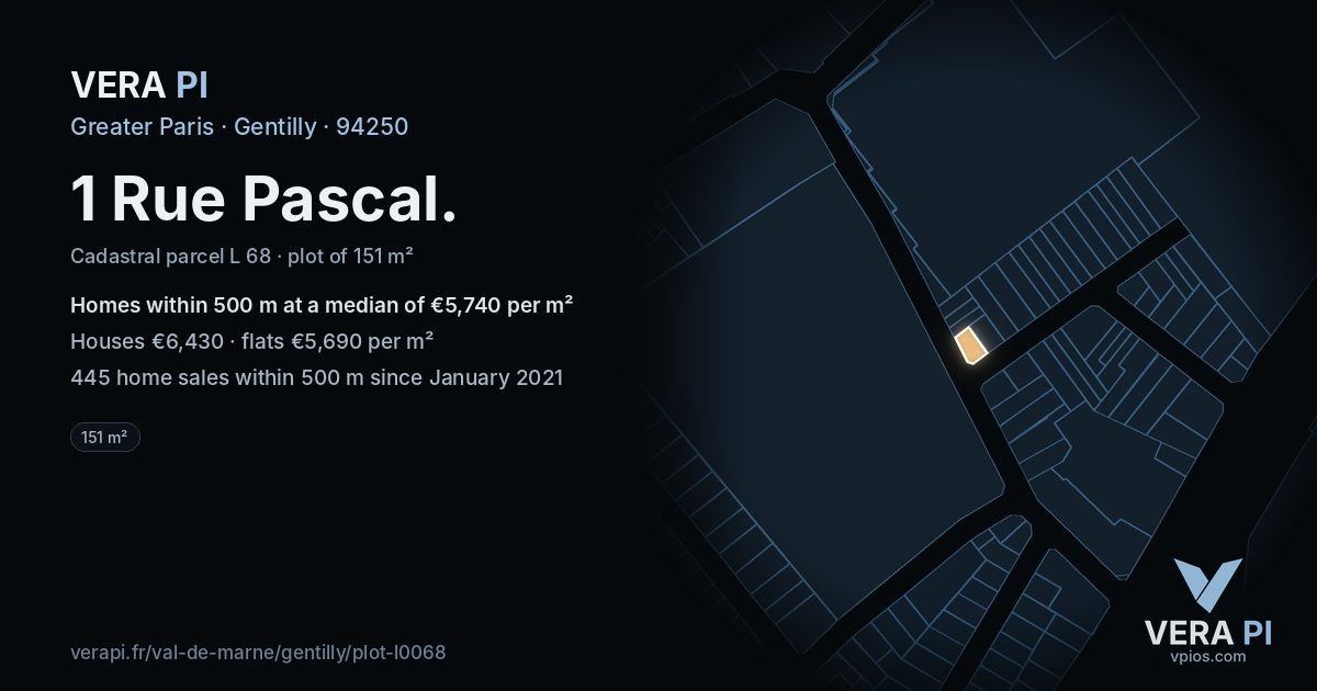 1 Rue Pascal, Gentilly at night – the plot lit, the parcels around coloured by the prices near them