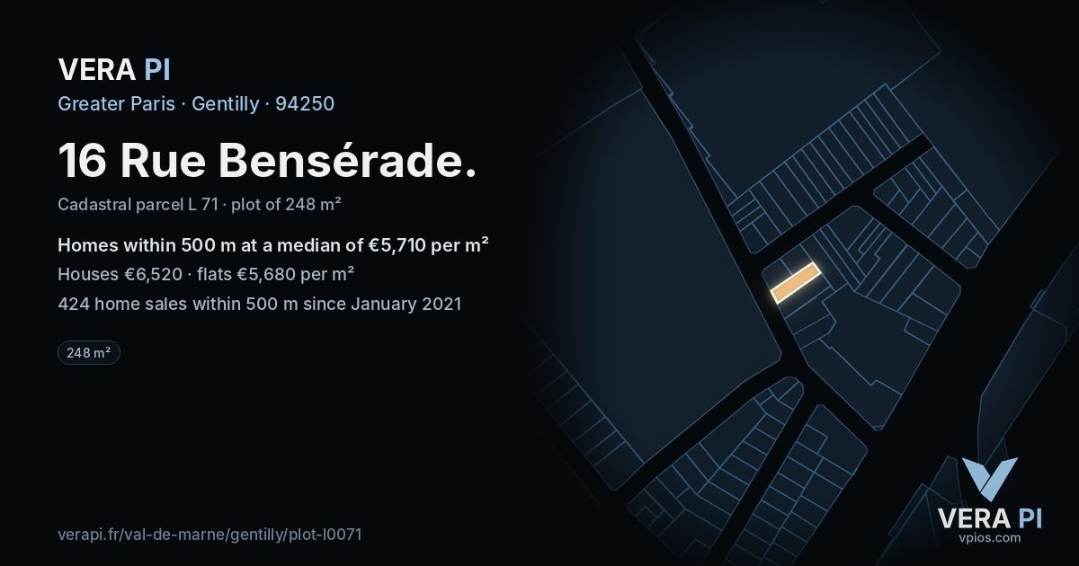 16 Rue Bensérade, Gentilly at night – the plot lit, the parcels around coloured by the prices near them