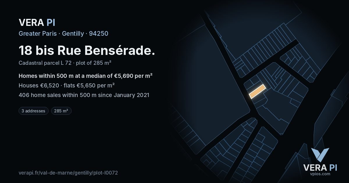 18 bis Rue Bensérade, Gentilly at night – the plot lit, the parcels around coloured by the prices near them