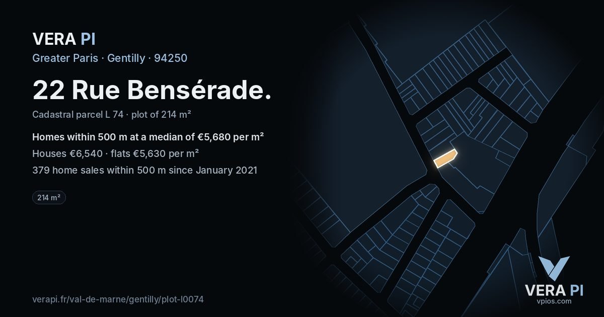 22 Rue Bensérade, Gentilly at night – the plot lit, the parcels around coloured by the prices near them