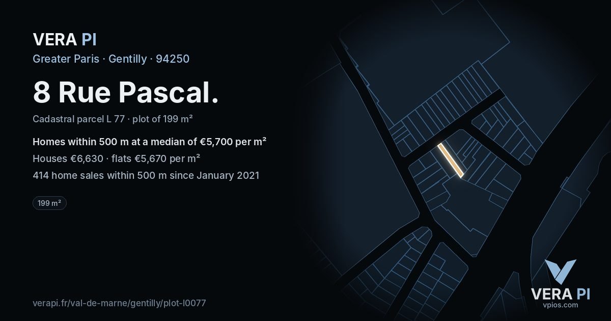 8 Rue Pascal, Gentilly at night – the plot lit, the parcels around coloured by the prices near them