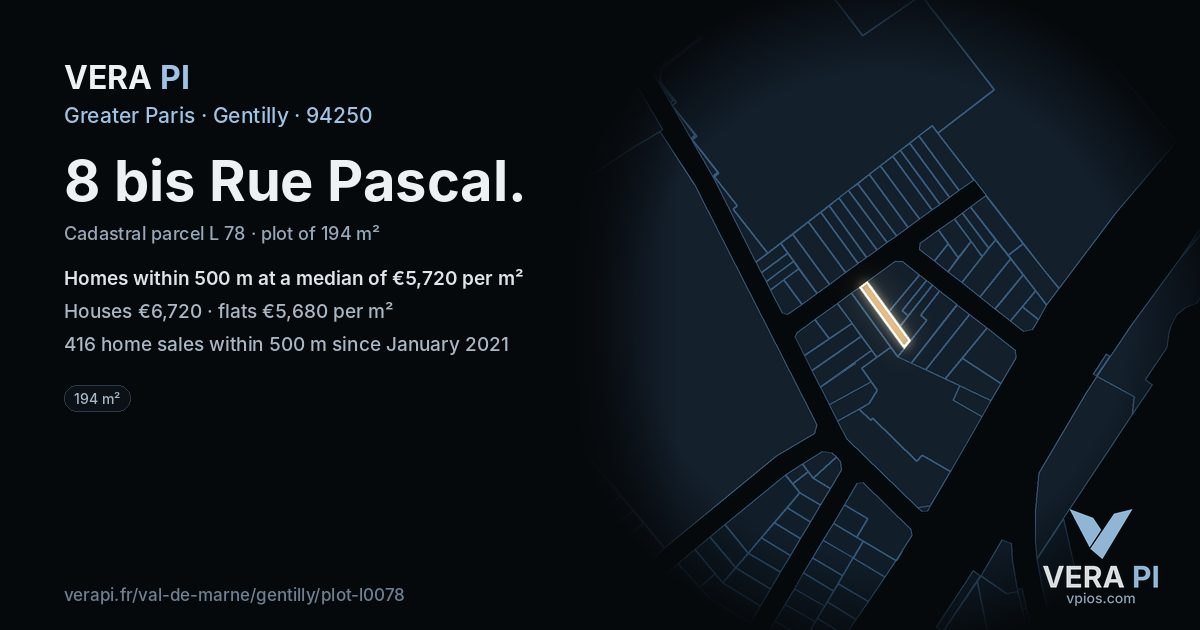 8 bis Rue Pascal, Gentilly at night – the plot lit, the parcels around coloured by the prices near them