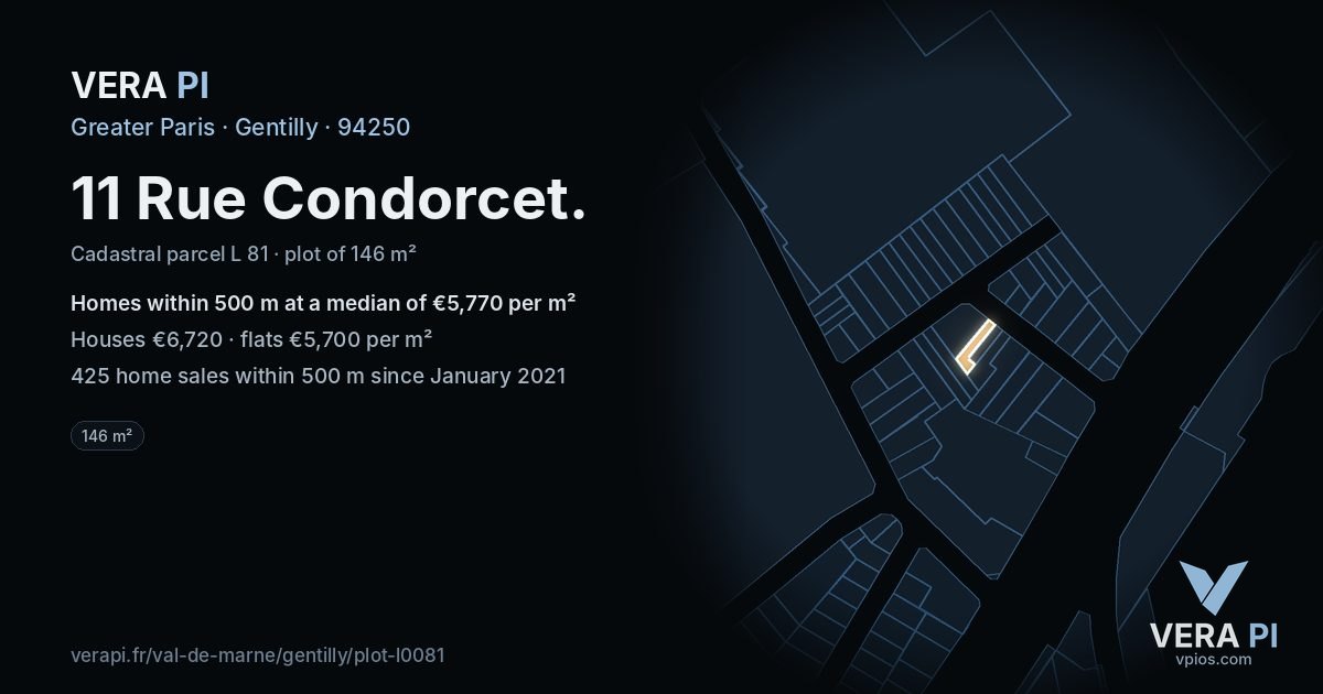 11 Rue Condorcet, Gentilly at night – the plot lit, the parcels around coloured by the prices near them