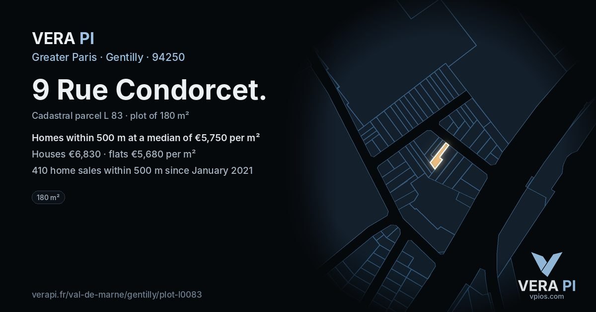 9 Rue Condorcet, Gentilly at night – the plot lit, the parcels around coloured by the prices near them