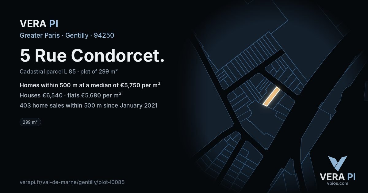 5 Rue Condorcet, Gentilly at night – the plot lit, the parcels around coloured by the prices near them