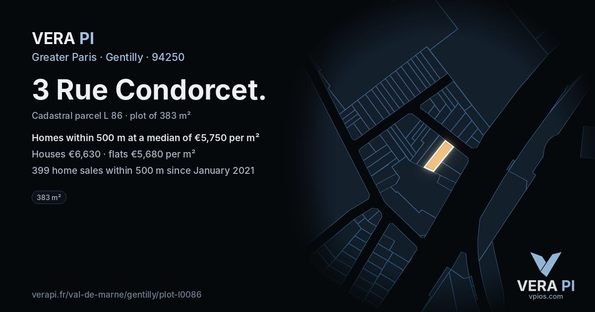 3 Rue Condorcet, Gentilly at night – the plot lit, the parcels around coloured by the prices near them