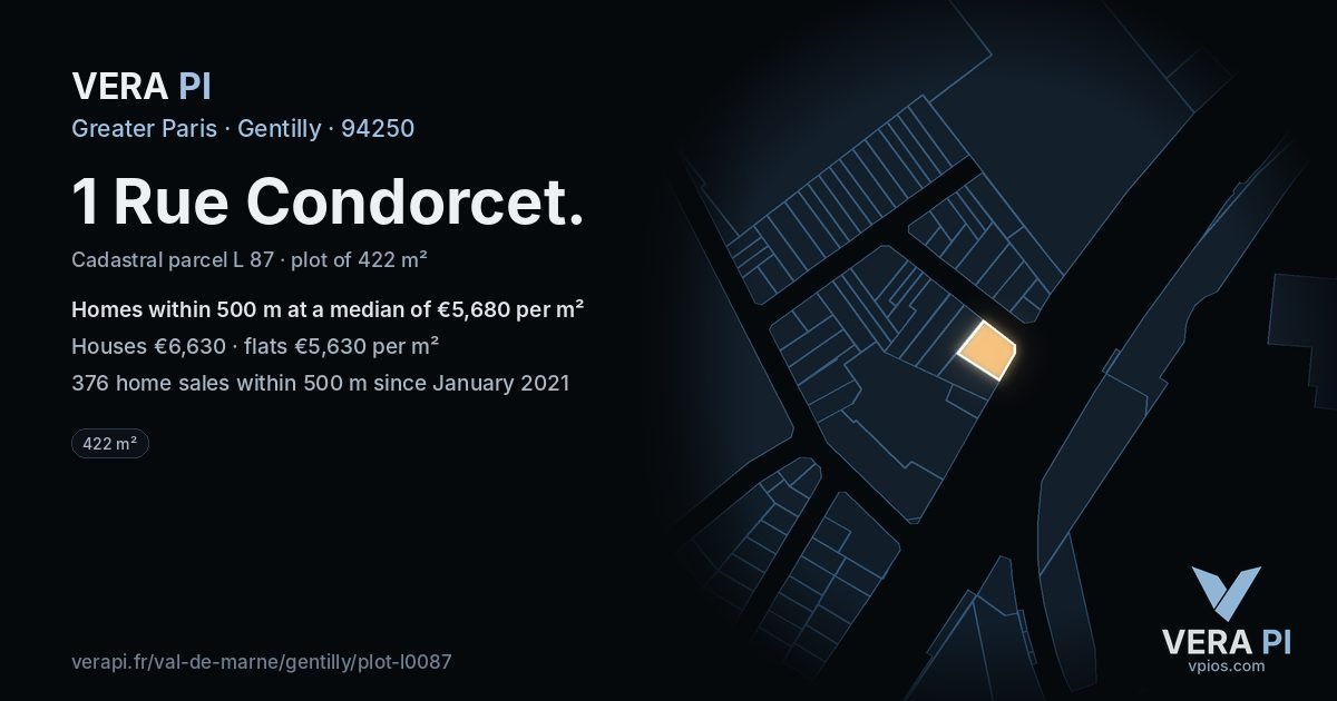 1 Rue Condorcet, Gentilly at night – the plot lit, the parcels around coloured by the prices near them